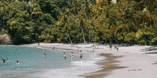 People enjoying the beach and lush tropical scenery during Paddle9 Costa Rica guided tours in Manuel Antonio.
